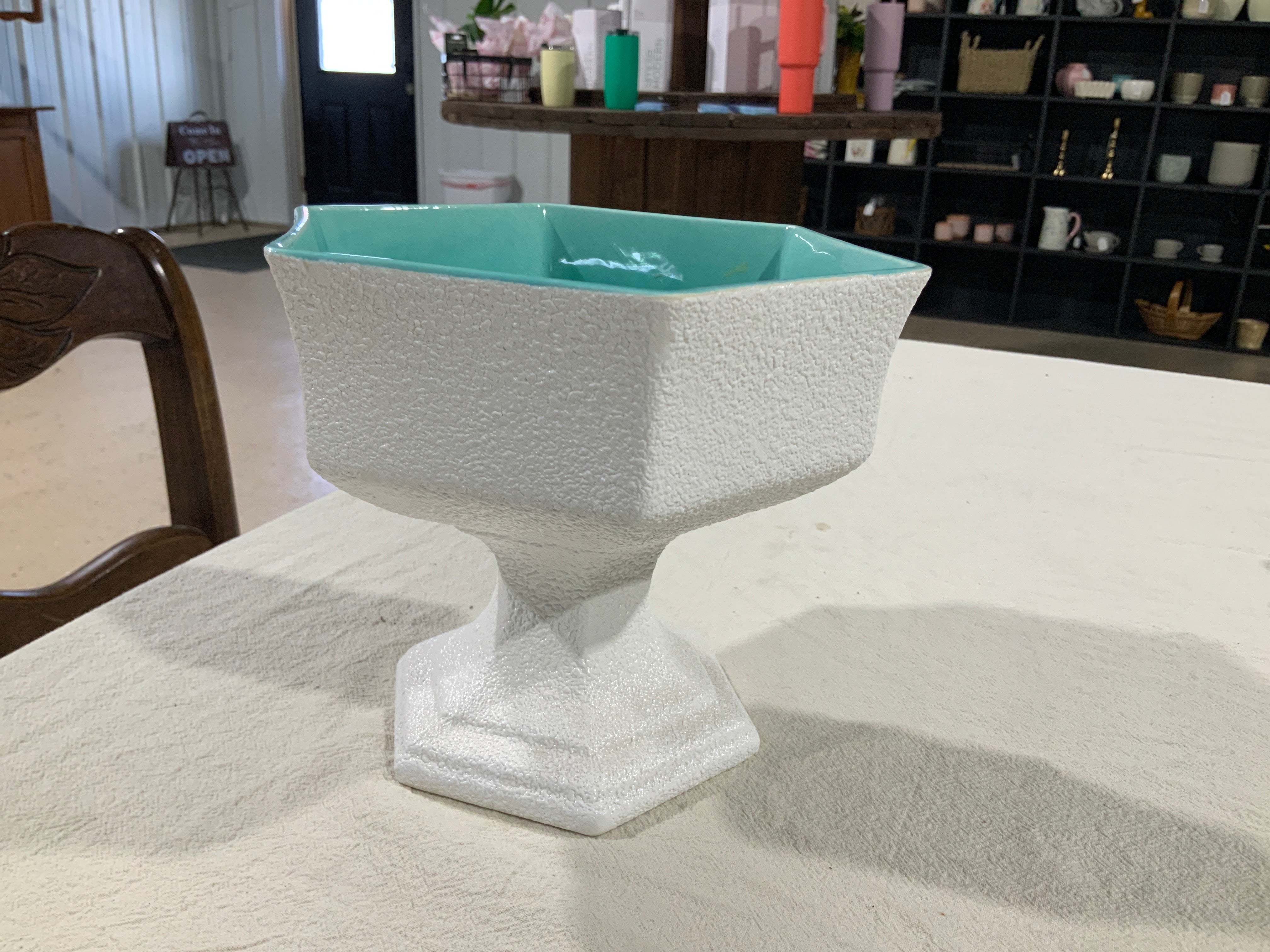 Vintage turquoise and white pedestal container