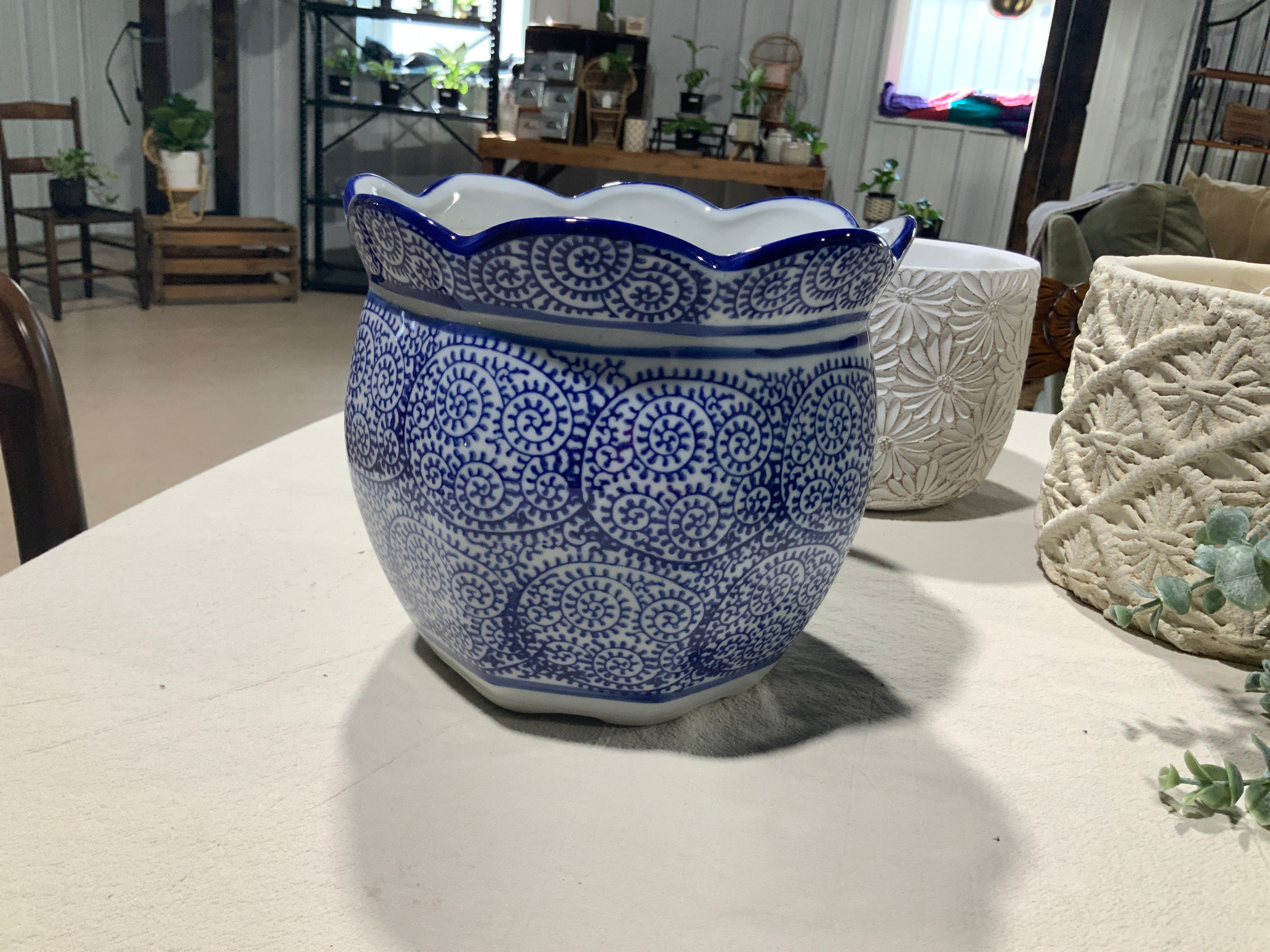 Blue and White scalloped planter